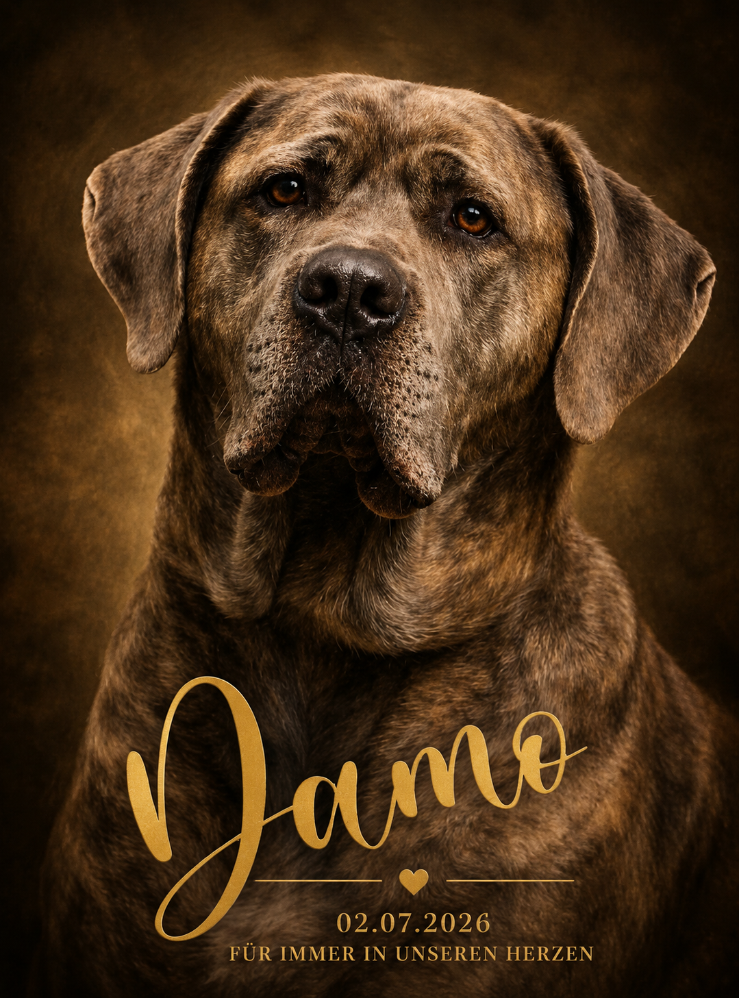 Erinnerungsporträt des Hundes Damo