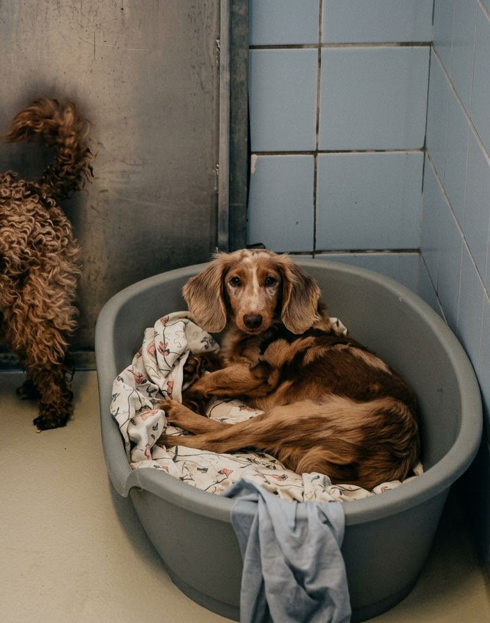 Hund Sido gemütlich in seinem Körbchen
